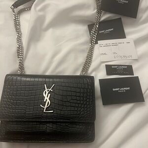 Saint Laurent Black Croc-Embossed Shoulder Bag